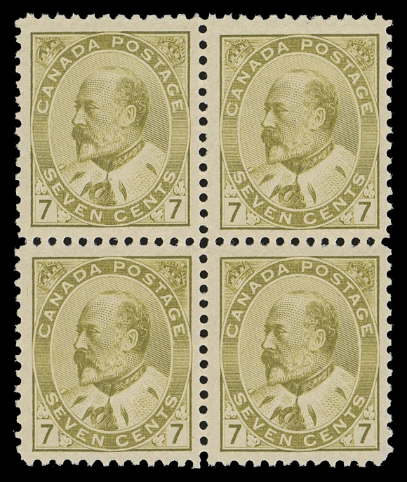 CANADA -  7 KING EDWARD VII  92i,A superb mint block of four, well centered with distinctive colour and full immaculate original gum. A difficult shade to acquire, especially so in such a select multiple. A great item for the advanced collector, VF+ NH 