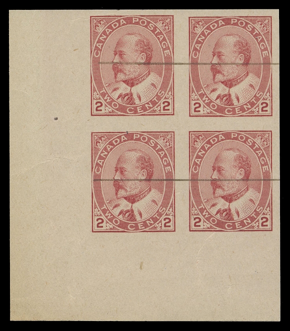CANADA -  7 KING EDWARD VII  90iv, v,A matching set of three lower left imperforate blocks - from Plate 43 with defaced horizontal line in red and Plates 31 & 32 (slightly different shades) with line in black; all with usual gum glazing and / or creasing associated with these, VF with full original gum appearing NH. (Unitrade cat. $1,800 as hinged pairs)Provenance: Senator Henry Hicks, Maresch Sale 259, November 1991; Lot 652-654Known as experimental printings, Plates 31 & 32 shows show wider impressions from a dry printing on pre-gummed paper. Plate 43 has noticeably narrower impressions resulting from printing on damp paper which was later gummed.