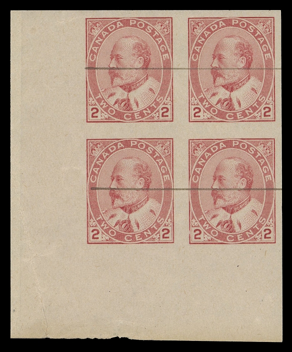 CANADA -  7 KING EDWARD VII  90iv, v,A matching set of three lower left imperforate blocks - from Plate 43 with defaced horizontal line in red and Plates 31 & 32 (slightly different shades) with line in black; all with usual gum glazing and / or creasing associated with these, VF with full original gum appearing NH. (Unitrade cat. $1,800 as hinged pairs)Provenance: Senator Henry Hicks, Maresch Sale 259, November 1991; Lot 652-654Known as experimental printings, Plates 31 & 32 shows show wider impressions from a dry printing on pre-gummed paper. Plate 43 has noticeably narrower impressions resulting from printing on damp paper which was later gummed.