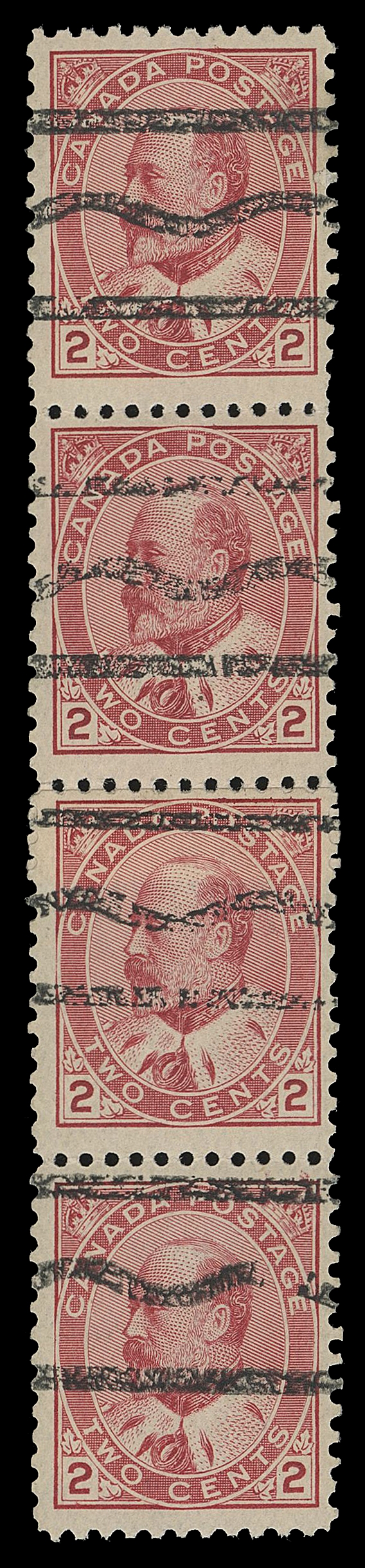 CANADA -  7 KING EDWARD VII  89xxx/90xxxi,Six vertical format coil strips of four or larger (one is composed of two 2c Style S precancelled pairs). Includes three with roller or precancels (with OG or NH), one has paste-up. While other three are mint OG or NH paste-up coil strips; one with faults. Four items pencil signed on reverse (J. Sissons or B. Maresch) and sold on that merit. A scarce lot of these precursor coil stamps.