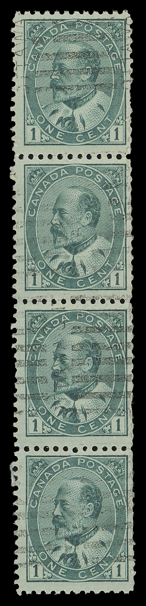 CANADA -  7 KING EDWARD VII  89xxx/90xxxi,Six vertical format coil strips of four or larger (one is composed of two 2c Style S precancelled pairs). Includes three with roller or precancels (with OG or NH), one has paste-up. While other three are mint OG or NH paste-up coil strips; one with faults. Four items pencil signed on reverse (J. Sissons or B. Maresch) and sold on that merit. A scarce lot of these precursor coil stamps.