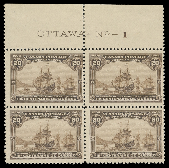 CANADA -  7 KING EDWARD VII  103,A seldom seen mint Plate 1 block, the key value of the set, centered right, a few split perfs in selvedge, the top pair is NH. A lovely, sound mint plate block, Fine+