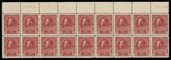 CANADA - 17 WAR TAX  MR2,A choice, nicely centered mint Plate 10 block of eighteen stamps, lovely colour on fresh paper, LH in margin leaving all stamps NH, VF (Unitrade cat. $2,160 as single stamps)