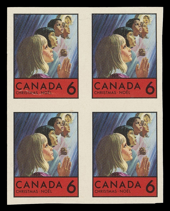 CANADA - 10 QUEEN ELIZABETH II  502-503,The set of two plate proof blocks of four printed in issued colours on thicker glossy-surfaced ungummed paper; each with a negligible wrinkle on one. A very scarce set rarely seen in blocks, VF (Unitrade cat. $1,000)