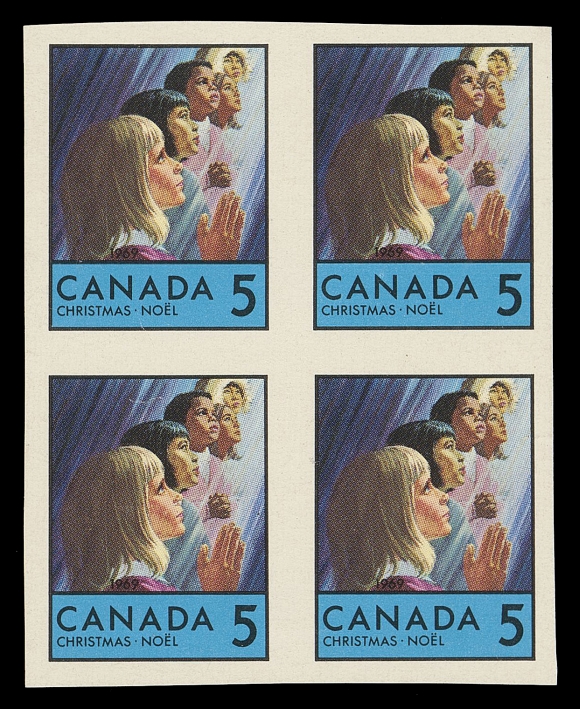 CANADA - 10 QUEEN ELIZABETH II  502-503,The set of two plate proof blocks of four printed in issued colours on thicker glossy-surfaced ungummed paper; each with a negligible wrinkle on one. A very scarce set rarely seen in blocks, VF (Unitrade cat. $1,000)