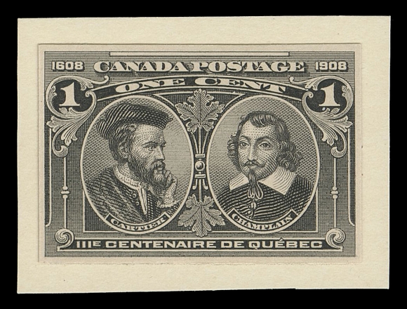 CANADA -  7 KING EDWARD VII  96-103,A complete set of Die Proofs printed in black on thin white card, stamp-size with small even margins and individually affixed on white card. The Half cent shows the "King in Civilian Dress", the rare die essay of the unissued design. A superb set of these very rare proofs - only a miniscule number of each were made for presentation purposes by American Bank Note Company, VF (Minuse & Pratt 96E-Ac-103TC2a)Provenance: Senator Henry Hicks, Maresch Sale 259, November 1991; Lot 755
