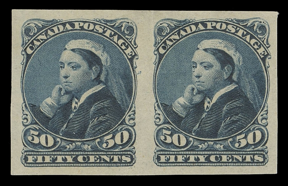 CANADA -  5 SMALL QUEEN  47a,An unusually nice mint imperforate pair, large margined in the characteristic deep shade associated with the imperforate issue, VF H, much nicer than normally encountered.