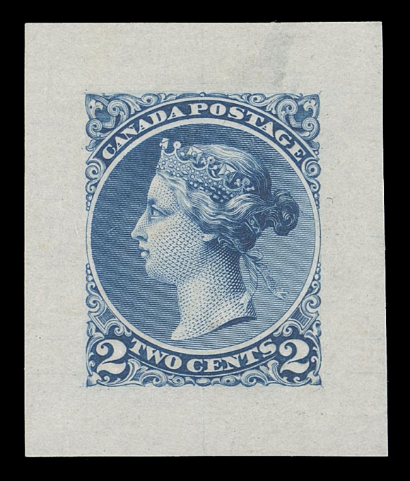 CANADA -  5 SMALL QUEEN  Canadian Bank Note Engraving & Printing Co. Die Essay, engraved, printed in blue on india paper 29 x 34mm; trivial natural india thin at top, exceptionally nice, VF and rare (Minuse & Pratt 36E-Aa) ex. Bill Simpson (Part I, March 1996; Lot 380)