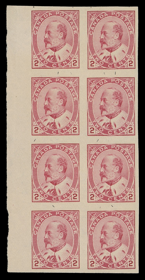 CANADA -  7 KING EDWARD VII  90c,A mint imperforate block of eight in the brighter shade associated with this particular plate, sheet margin at left, ungummed as issued; characteristic small ink marks between stamps, allegedly done by Fred Jarrett on most Type I imperforates from Plate 2. Imperforate multiples larger than a block of four are very rarely seen, VFPenciled signed by renowned dealer Fred Jarrett on reverse with his pencilled note reading: "Certified stamps nos. 21-22-31-32-41-42-51-52 from Rare Plate 2".