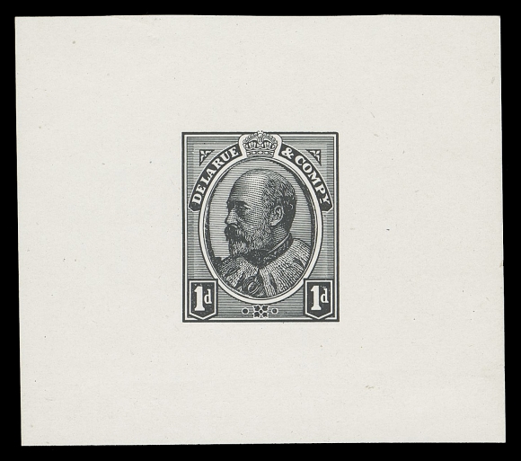 CANADA -  7 KING EDWARD VII  89,De La Rue & Co. Die Essay, typographed in black on white enamel surfaced wove paper, 57 x 51mm; the model taken by Perkins Bacon and subsequently by American Bank Note Co. to make the die for the 1903-1908 King Edward VII series, appealing and very scarce, VF