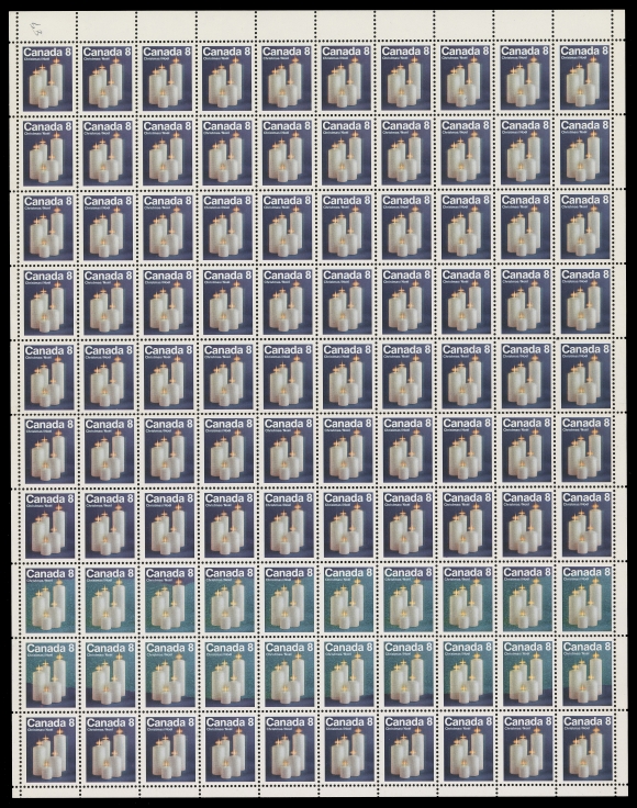 CANADA - 10 QUEEN ELIZABETH II  607ii,Field stock (no imprint as issued) mint sheet of 100, folded  horizontally along perfs at centre, showing a major Repellex  Error causing missing red colour - shows a pale blue shade  instead of violet blue spanning most of the twenty stamps in  eighth and ninth rows. Seldom seen in such a large multiple, VF  NH