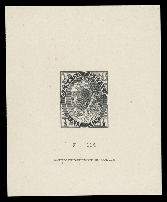 CANADA -  6 1897-1902 VICTORIAN ISSUES  74,Die Proof printed in the issued colour on card mounted india paper 58 x 71mm; showing die number "F-114" and ABNC Ottawa imprint (23mm long), archival adhesive marks on reverse only; a rare proof ideal for an advanced collection, VFOther than the 3 cent denomination on india or wove paper, all Numeral Issue die proofs (both trial or issued colours) are rarities.