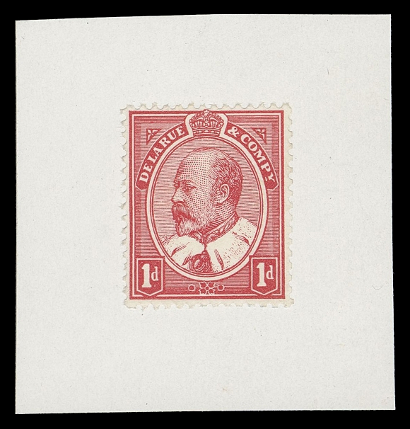 CANADA -  7 KING EDWARD VII  89,De La Rue & Co. Plate Essay, typographed in scarlet on white wove paper, comb perforated 14 and affixed on thick white glossy card 45 x 47mm; based on a model that was taken by Perkins Bacon and subsequently by American Bank Note Co. to produce the die for Canada