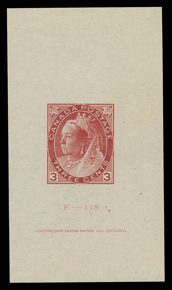 CANADA -  6 1897-1902 VICTORIAN ISSUES  78,Engraved Die Proof in near issued colour on wove paper with clear horizontal mesh, measuring 41 x 73mm and showing die number "F-113" and ABNC imprint (24mm long), scarce and choice, VF (Minuse & Pratt 78P1a)
