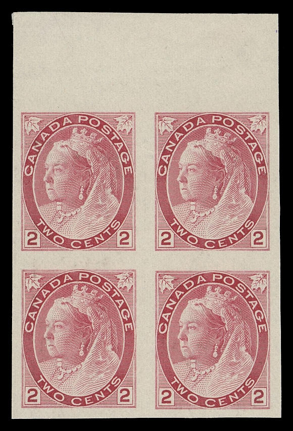 CANADA -  6 1897-1902 VICTORIAN ISSUES  77iv,A brilliant, fresh and choice imperforate block with sheet margin at top, ungummed as issued, VF 