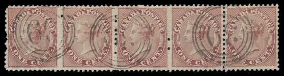 CANADA -  3 CENTS  14b,A remarkable used horizontal strip of five in an immaculate state of preservation, characteristic deeper shade of an early printing, beautiful sharp impression, well centered with superbly struck clear four-ring 
