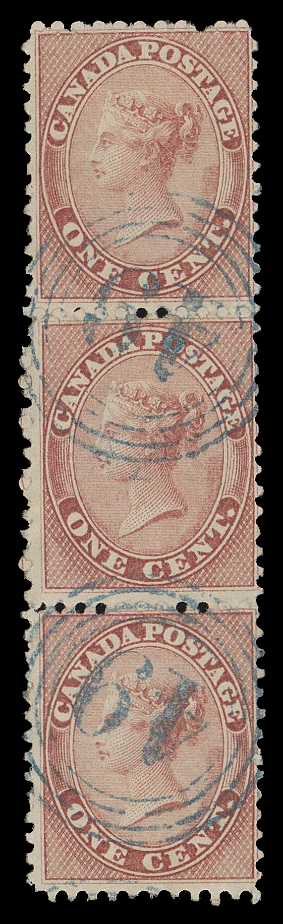 CANADA -  3 CENTS  14,A used vertical strip of three attractively cancelled by neat four-ring 