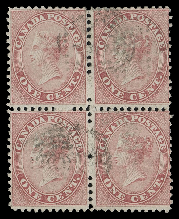 CANADA -  3 CENTS  14v, viii,A scarce used block, quite well centered and showing two examples of the elusive "E" plate flaw variety on the left pair )Positions 34 and 44), light concentric rings cancellations ideally positioned far away from the varieties. A wonderful item for the specialist, VFProvenance: Frank Laycock, Robson Lowe Ltd., June 1980; Lot 1Arthur Groten, Maresch Sale September 1981; Lot 56