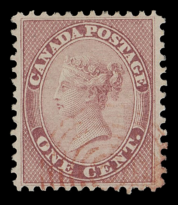 CANADA -  3 CENTS  14,An exceptionally well centered used single with bright colour, ideally cancelled by face-free concentric rings IN RED, very seldom seen with such attributes, XF