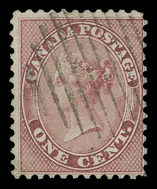 CANADA -  3 CENTS  14 variety,An attractive used example of the very rare LAID PAPER variety, displaying unmistakable clear horizontal laid lines, intact perforations all around and neat grid cancellation. Little is known about this paper variety as so few exist, in fact, this is the first time we have had the pleasure to offer one; it has been reported that the last time an example was offered at auction was in the E. Carey Fox sale (Second Portion in October 1968) - a very lightly cancelled example that sold for an impressive US$825. One of the greatest rarities of Canada