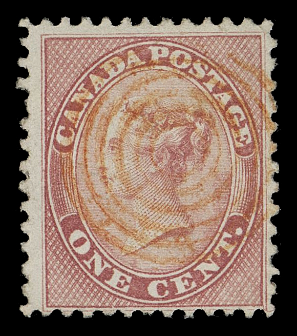 CANADA -  3 CENTS  14,Five singles with coloured concentric rings cancels - in bright orange red, red, bluish green, blue (small ink spot on back) and dark blue. A striking lot, F-VF
