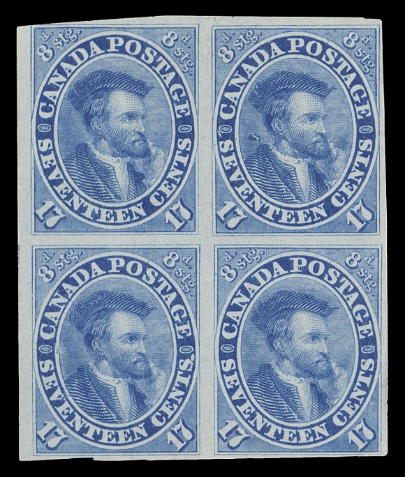 CANADA -  3 CENTS  19TC + variety,Trial colour plate proof block in pale blue on india paper, close to large margins, shows the elusive "burr over shoulder" variety on top right proof (Position 7), a scarce positional block with the sought-after variety, F-VFProvenance: Arthur Groten, Maresch Sale 133, September 1981; Lot 474