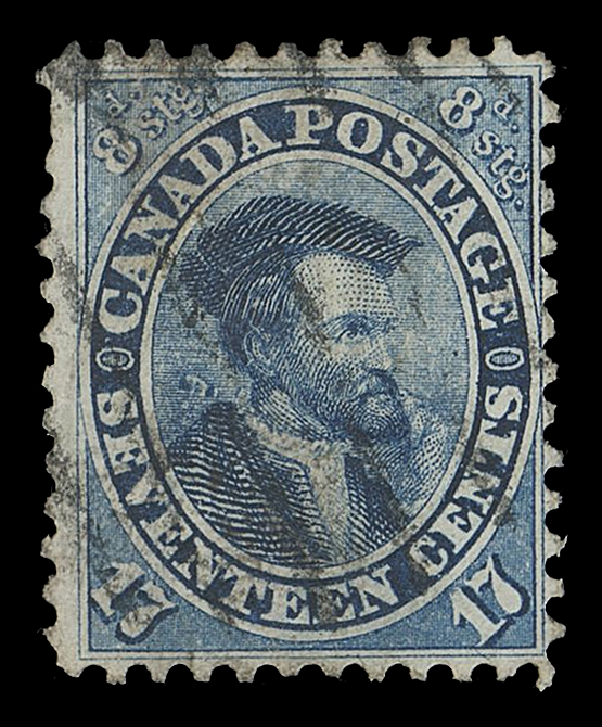 CANADA -  3 CENTS  19iii,A reasonably centered example clearly showing the prominent "Burr over Shoulder" variety (Position 7) that occurred just before the last printing in February 1867, light grid cancel away from this key variety; one shorter perf at top, still noticeably nicer than most of the few known examples, F-VF
