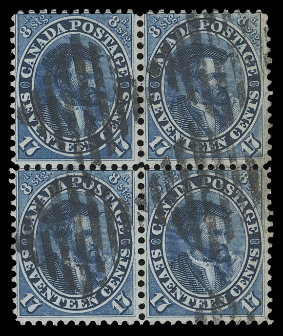 CANADA -  3 CENTS  19,A well centered block with neatly struck diamond grid cancellations of Toronto, faint soiling at right perfs, a lovely and scarce block with rich colour and sharp impression, F-VF