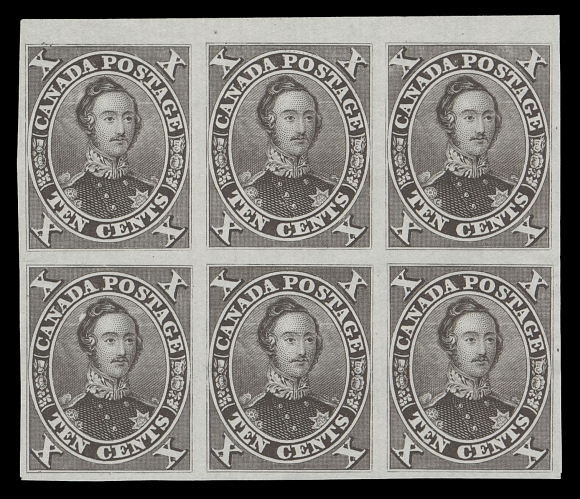 CANADA -  3 CENTS  16P + variety,An attractive, upper margin, plate proof block of six in black brown on india paper, top centre proof shows the constant "String of Pearls" (Position 3) plate variety, VF (Unitrade cat. as normal plate proofs)Another plate variety, short entry behind head, is visible on Positions 2 and 12.Provenance: Maresch Private Treaty (First catalogue, 1977); item 74Arthur Groten, Maresch Sale 133, September 1981; Lot 263