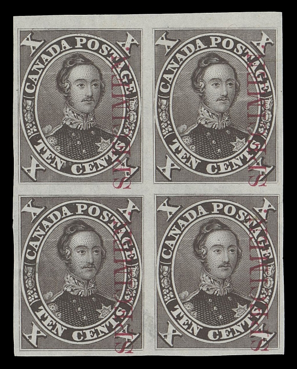 CANADA -  3 CENTS  16Pi + variety,Plate proof block of four in black brown on india paper, vertical SPECIMEN overprint in carmine, top left proof is the constant "String of Pearls" (Position 3) variety, negligible mount mark on lower left proof; appealing and very scarce, VF (Unitrade cat. as normal proofs)Provenance: Arthur Groten, Maresch Sale 133, September 1981; Lot 264