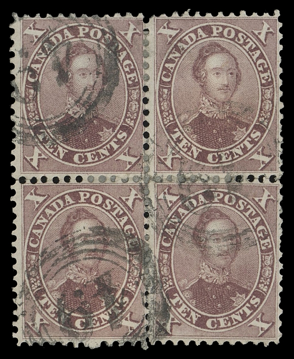 CANADA -  3 CENTS  17,A very scarce four-ring numeral cancelled used block, clear to legible 