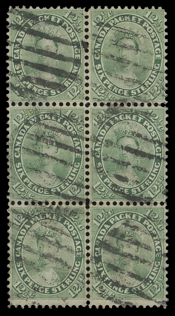 CANADA -  3 CENTS  18, 18iv,A well centered used block of six (2x3), mute grid cancels, creasing from usage on lower pair, bottom left stamp shows the Major Re-entry (Position 94). An impressive and rare block, VF