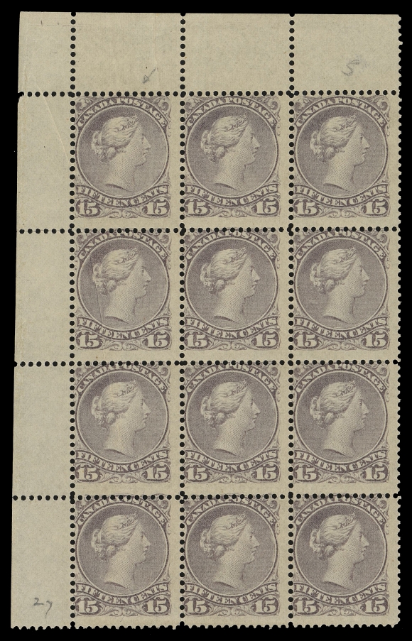 CANADA -  4 LARGE QUEEN  29i,Upper left corner block of twelve stamps centered to top left, minor perf separation in places, couple natural pre-printing paper wrinkles in first column, six stamps from next two columns NEVER HINGED, a scarce large multiple, Fine OG