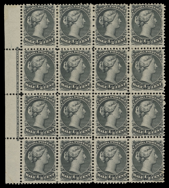 CANADA -  4 LARGE QUEEN  21, 21ii, 21iv,An attractive unused left margin block of sixteen, minor perf  separation, complete BABN imprint at left; a few stamps with  "spur" in scroll left of "H" variety and one with line above "P"  of "POSTAGE" (Position 63), F-VF