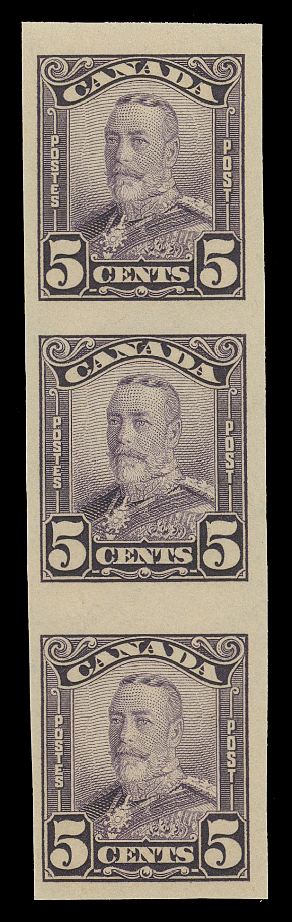 CANADA -  8 KING GEORGE V  149, 150b, 153b variety,The set of three mint imperforate vertical strips of three, each with horizontal (4.5mm wide) gutter between lower pair; originating from the imperforate "tête-bêche" booklet pane sheets, VF NH