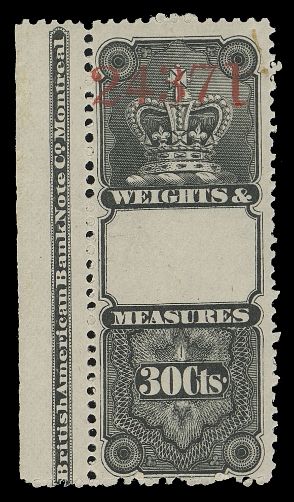 CANADA REVENUES (FEDERAL)  FWM1-FWM5,The set of five, sharp impressions on fresh paper; the key 30c with BABN imprint in margin, typical centering, unusually full, dull streaky original gum, natural gum bend on 15c, a seldom seen set, Fine+ NH