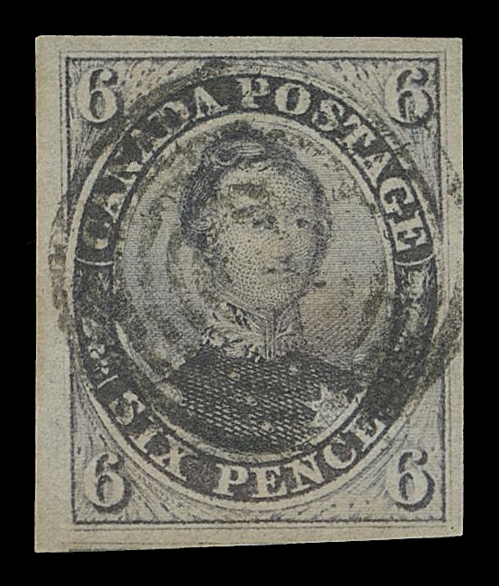 CANADA -  2 PENCE  2,A noteworthy used example surrounded by unusually large margins, portion of adjoining stamp visible at foot, excellent colour with faint laid lines, socked-on-nose concentric rings cancellation; a choice stamp, XF; 2011 Greene Foundation cert.
