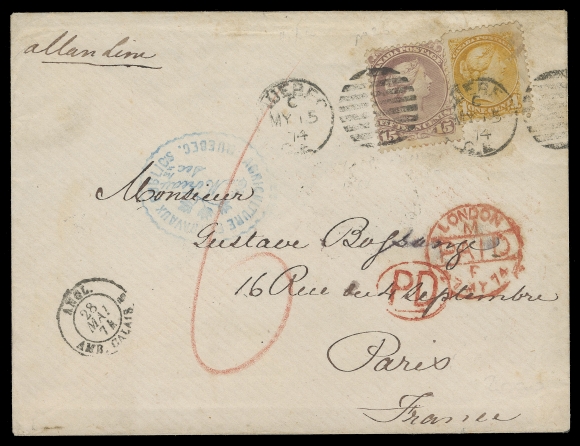 CANADA -  4 LARGE QUEEN  1874 (May 15) Envelope endorsed "Allan Line" at top left, mailed  from Agriculture & Travaux Publics (Agriculture and Public Works) at Quebec with light blue oval governmental handstamp in French, franked with a 15c red lilac on stout smooth surfaced horizontal wove paper, perf 12 and a Small Queen 1c orange (Montreal  printing, perf 11½x12) tied by Quebec duplex, minor gum soiling  around stamps from affixing. Neat London Paid 27 MY 74 datestamp  in red, same-ink oval "PD" handstamp, Calais 28 MAI transit CDS  at left, on reverse Paris 28 MAI 74 receiver. Paid the 16 cent  letter rate, weighing between ¼ and ½ ounce. A remarkable and  rare mixed-issue franking to France, F-VF (Unitrade 29b, 35d)Census: According to Wayne Smith census (as of late 2021), only  four covers franked with single Large Queen 15c and Small Queen  1c stamp have been recorded.