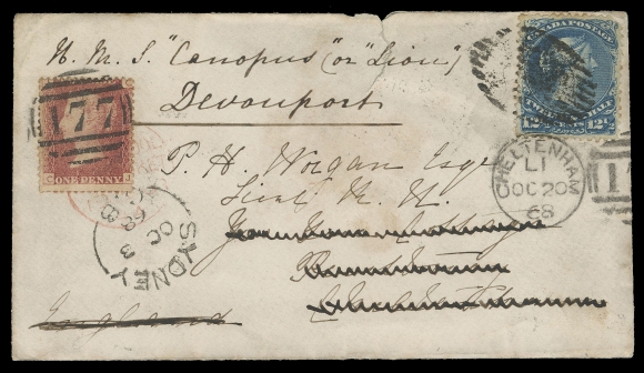 CANADA -  4 LARGE QUEEN  1868 (October 3) Cover from Sydney, Cape Breton to Cheltenham, England, franked with a 12½c blue on medium horizontal wove paper (small corner fault top right) tied by mute grid, Sydney, CB split ring dispatch at left; small portion of backflap missing and opening tear at top in no way detract from its great appeal. Forwarded to new addressee at Devonport with British One penny red stamp (Plate 97) affixed and tied by grid 