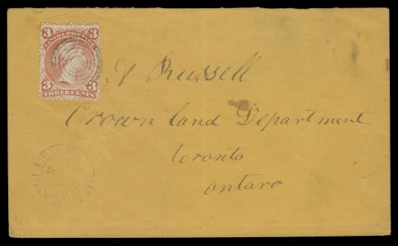 CANADA -  4 LARGE QUEEN  1868 (November 14) Orange cover bearing the elusive 3c bright red on laid paper, characteristic shade and distinctive horizontal laid lines, tied by concentric rings cancels, light Merrickville, C.W. split ring datestamp below, pays the 3c domestic letter rate; envelope with corner crease at top left and light wrinkles / creasing away from stamp and small portion of backflap missing, a scarce laid paper franking, Fine (Unitrade 33)