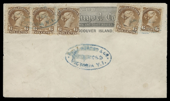 CANADA -  4 LARGE QUEEN  Undated Wells, Fargo & Co. "Victoria, Vancouver Island" printed frank in black on white envelope front, used as a paste-up; couple small tears at left. An impressive franking bearing Large Queen 6c dark yellow brown (Plate 1) strip of three and single (two stamps clipped at right and one with corner flaw) alongside a well centered Small Queen 6c yellow brown (First Ottawa Printing, perf 12) tied by light Wells Fargo & Co Victoria, V.I. / Express oval in blue (R. Lowe HS-33), additional strike at centre; a rare item especially with a mixed-issue franking, Fine (Unitrade 27b, 39 early printing)Provenance: S.J. Menich, Firby Auctions, June 2000; Lot 47