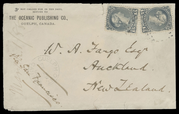 CANADA -  4 LARGE QUEEN  1888 (February 29) Oceanic Publishing Co. Guelph, Canada envelope addressed to Auckland, NZ bearing two well centered 15c dark bluish grey on medium vertical wove paper perf 12, tied by light segmented cork cancels, Guelph dispatch CDS at left, endorsed "Via San Francisco"; envelope with couple tears and slightly reduced at right, superb San Francisco MAR 6 CDS transit on back. Despite the minor flaws a very scarce double non-UPU letter rate to New Zealand (joined the UPU on October 1st, 1891), Fine; clear 1992 Greene Foundation cert. (Unitrade 30b)