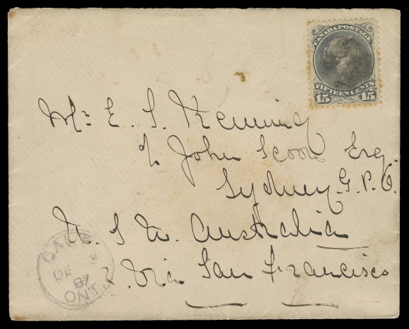 CANADA -  4 LARGE QUEEN  1887 (December 3) Cover from Galt, Ont. to Sydney, New South Wales (Australia), bearing a 15c slate grey on medium vertical wove paper perf 12 with cork cancel, some light perf toning and light soiling to cover, four different backstamps - Windsor DE 3, San Francisco (two different dates) and Sydney JA 11 88 receiver; a scarce non-redirected Large Queen cover to the Australian States, Fine; clear 1998 Greene Foundation cert. (Unitrade 30)