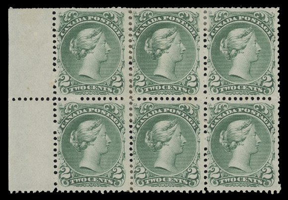 CANADA -  4 LARGE QUEEN  24iv,A left margin mint block of six with brilliant colour on fresh  paper showing the distinctive vertical mesh associated with this  paper type, some split perfs supported by small hinges, dull  perfs at top and some areas of light gum disturbance,  nevertheless a very scarce mint multiple, lovely and fresh with  large part original gum, Fine+ (Unitrade cat. $8,400 as Fine OG singles)Provenance: Fred Jarrett, Sissons Sale 172, February 1960; Lot 133 - for a block of 14 from which it originates.S.J. Menich, Firby Auctions, February 1997; Lot 950