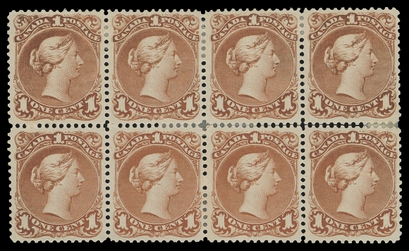 CANADA -  4 LARGE QUEEN  22,An impressive mint block of eight, some perf separation strengthened by hinges, natural gum inclusion on third stamp in lower row; all eight stamps are unusually well centered and sound mint with full original gum, hinge remnants to lightly hinged. One of the largest surviving mint blocks, VF (Unitrade cat. $16,000 as singles)Provenance: General Robert Gill, Robson Lowe Ltd., October 1965; Lot 135Captain Vivian Hewitt, Robson Lowe Ltd., December 1968; Lot 1054S.J. Menich, Firby Auctions, February 1997; Lot 861