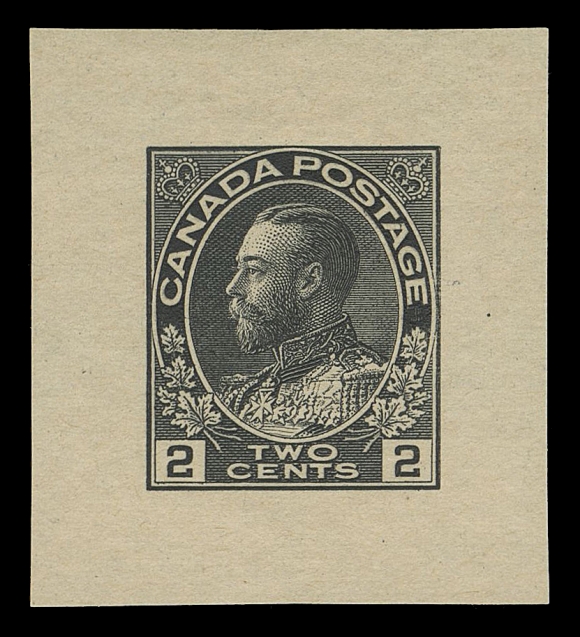 CANADA -  8 KING GEORGE V  106,Trial Colour Small Die Proof, engraved, printed in black on yellowish horizontal wove paper (0.003" thick) measuring 31 x 35mm, rare and VF; 1989 Greene Foundation cert. (Minuse & Pratt 106TC2a)