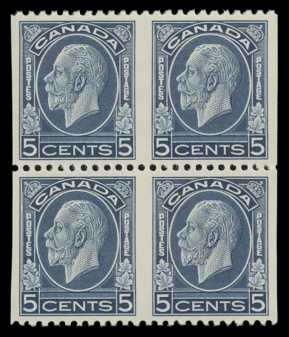 CANADA -  8 KING GEORGE V  199a,An extraordinary mint block imperforate vertically in error, very well centered with brilliant fresh colour and full pristine original gum. A rarity as only one sheet was ever found and this is almost always seen in pairs, making this block all the more impressive, VF+ NH 