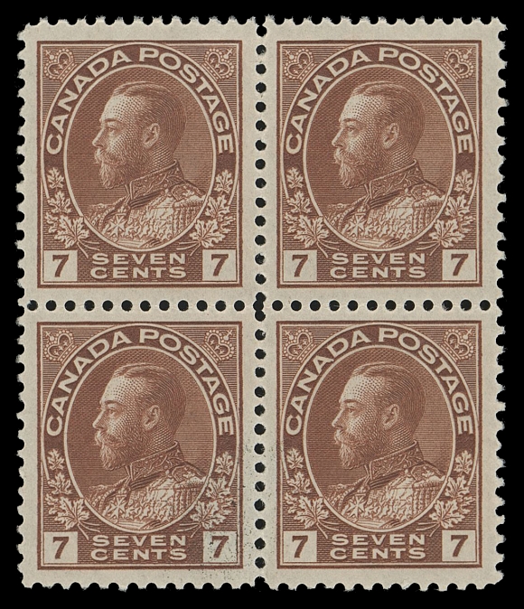 CANADA -  8 KING GEORGE V  114iii,A superb mint block of this elusive paper type, very well centered with noticeably large margins, natural printing ink smears on bottom left stamp, post office fresh on characteristic greyish semi-translucent paper, full immaculate original gum. A very scarce printing to find in such premium condition, VF+ NH
