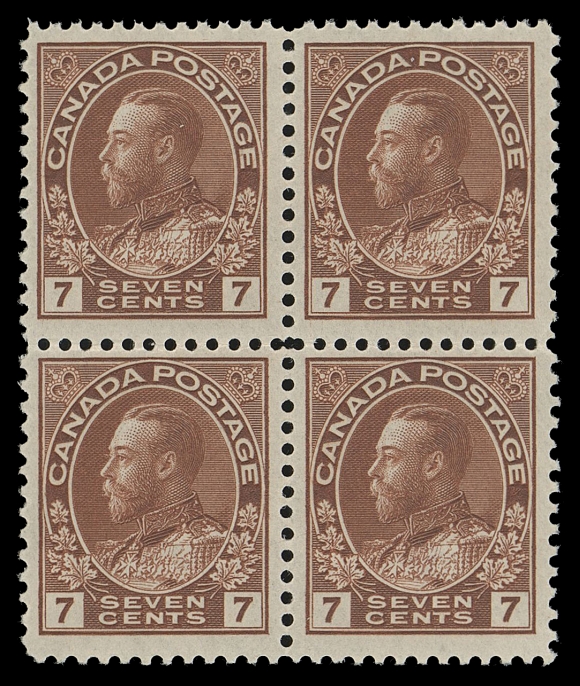 CANADA -  8 KING GEORGE V  114iii, v,A nice mint block of this elusive, short-lived printing on thin greyish semi-translucent paper, showing constant diagonal line in "N" of "CENTS" plate variety (from Plate 8) on top right stamp, full pristine original gum. F-VF NH (Unitrade cat. as four singles; no premium added for plate variety)