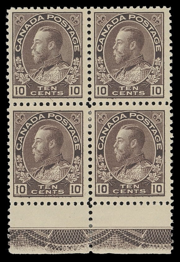 CANADA -  8 KING GEORGE V  116,An impressive mint block with brilliant fresh colour, well centered and showing nearly full strength Type C lathework, full original gum, mild hinging. Seldom seen in such nice quality, VF